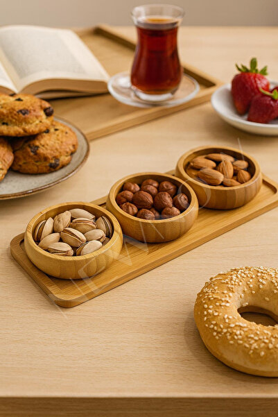 NEWNOW Snackset Bamboo 3-Piece Snack Bowl Set with Stand | Nut Presentation Container |   Stylish Service and Catering