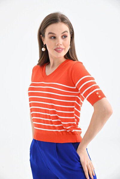 Park Karon Women's V-Neck Striped Short Sleeve Knitwear Sweater