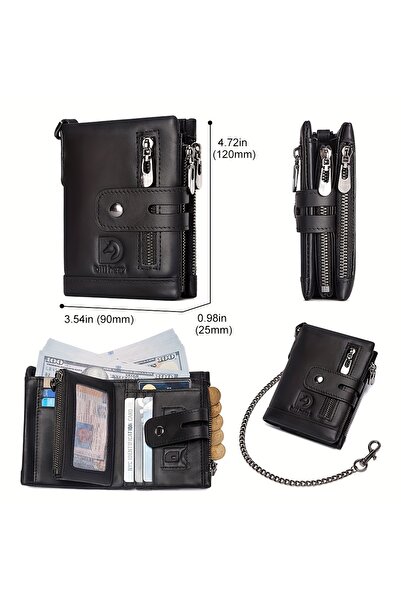 Generic Men's Genuine Top-Grain Leather Wallet with Chain, RFID Blocking, Double Zipper Coin Pocket