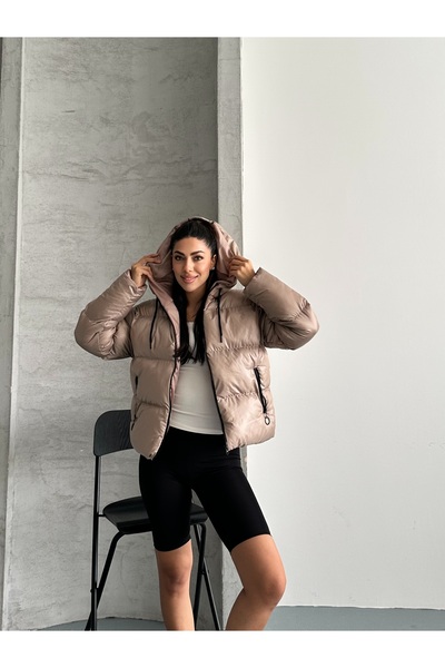 Fashionbox γυναικείο τζελ φόρμα με με κουκούλα φερμουάρ αδιάβροχο φουσκωτό παλτό 25222