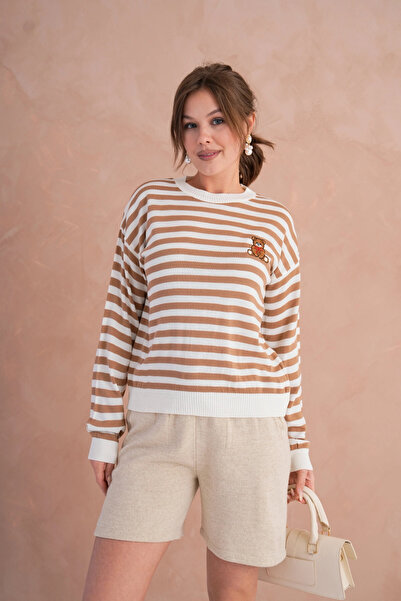 Park Karon Women's Crew Neck Embroidery Detail Striped Knitwear Sweater