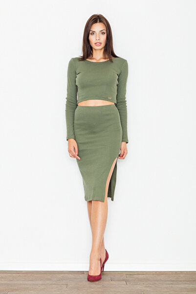 Figl Elegant set for women, consisting of a cropped top and olive green skirt M484, size L/XL