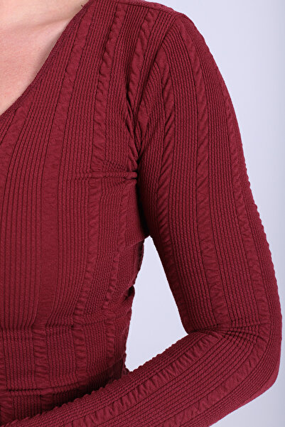 armonika Women's Burgundy V-Neck Fitted Long Sleeve Blouse Arm-26K001058