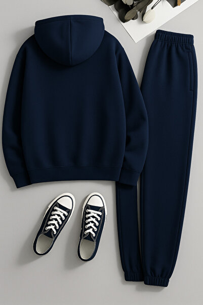 Sweetline Unisex Wanted Printed Hooded Navy Blue Tracksuit Set - Winter Fleece-Lined Fabric