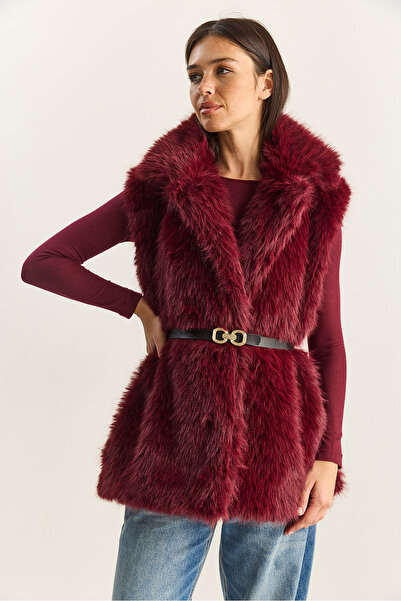 Bianco Lucci Women's Jacket Collar Lined Belted Fur Vest 11155 60281116