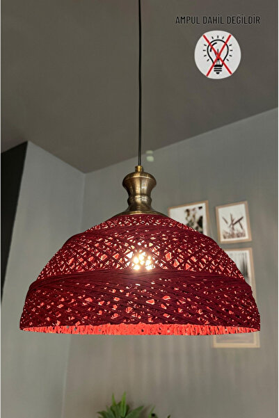 Bamyum Bohem Recycle İplik Jüt El Yapımı Vişne İplik Eskitme Tokmak Başlık Tekli Avize