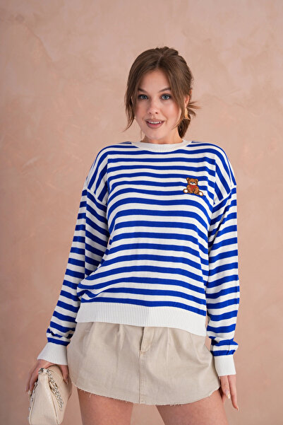 Park Karon Women's Crew Neck Embroidery Detail Striped Knitwear Sweater