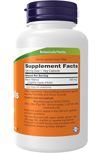 Now Black Walnut Hulls Dietary Supplement - 500 mg, 100 Vegetable Capsules
