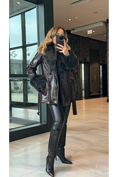 FEMİAS Plum Collar and Sleeves Fur Leather Coat