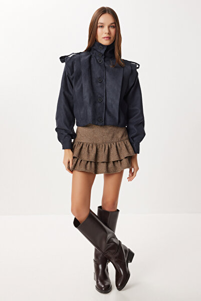Lovelyİstanbul Pleated Short Suede Coat Lfn0136 Dark Blue