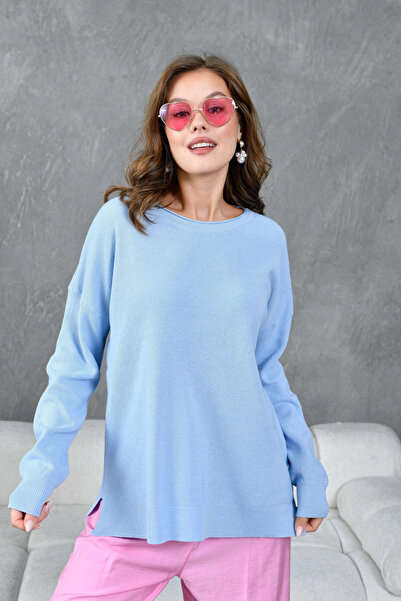 Park Karon Women's Crew Neck Slit Oversized Knitwear Sweater