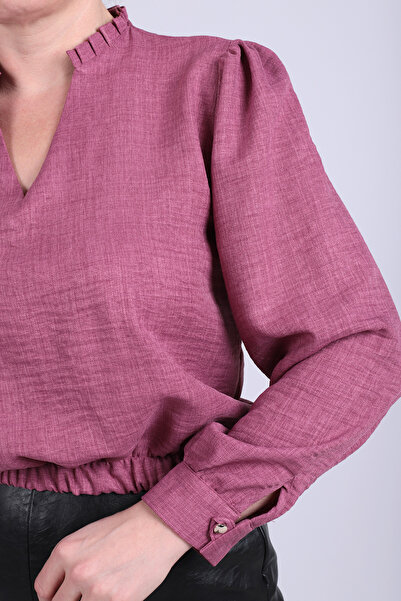 armonika Γυναικεία μπλούζα Dusty Rose με λαιμόκοψη σε σχήμα V με λεπτομέρεια πλισέ, ελαστική μέση και μανσέτες ARM-26K001020