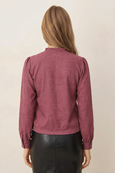 armonika Γυναικεία μπλούζα Dusty Rose με λαιμόκοψη σε σχήμα V με λεπτομέρεια πλισέ, ελαστική μέση και μανσέτες ARM-26K001020