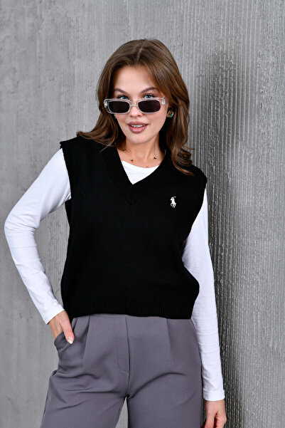 Park Karon Tricotaj pentru femei cu decolteu în V brodat supradimensionat basic