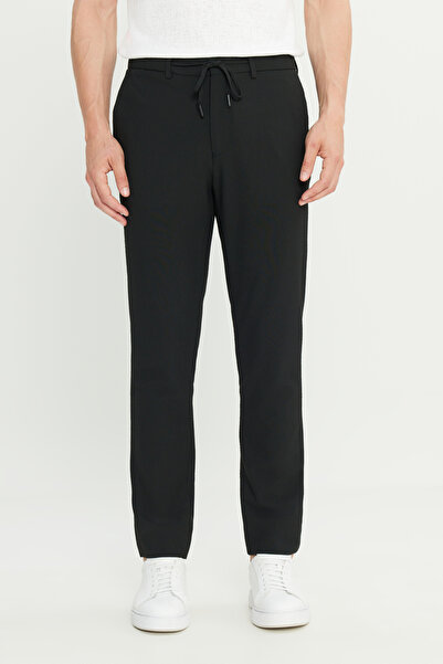 ALTINYILDIZ CLASSICS Ανδρικό μαύρο παντελόνι εφαρμοστό με στενή εφαρμογή με σχέδιο γκοφρέ με δεμένη μέση και πλαϊνές τσέπες Travel Casual