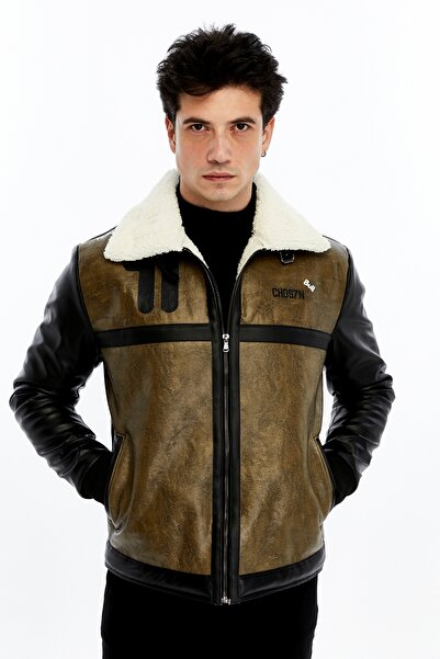 CHOS7N Ανδρικό δερμάτινο παλτό με φερμουάρ