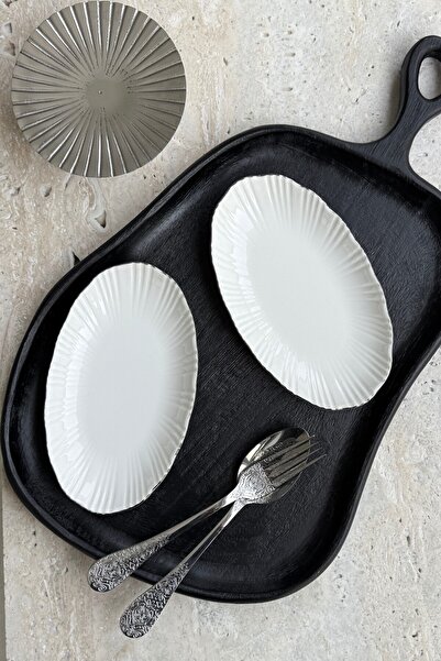 porselenden Aura Silver 2-Piece 20 cm Premium Porcelain Small Size Boat-Shaped Breakfast Mezelik Presentation Serving Set