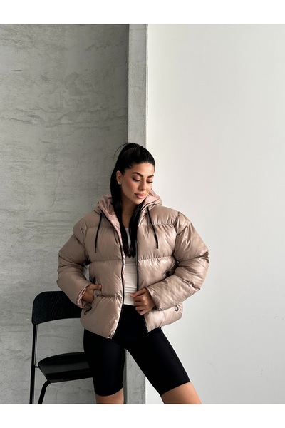 Fashionbox γυναικείο τζελ φόρμα με με κουκούλα φερμουάρ αδιάβροχο φουσκωτό παλτό 25222