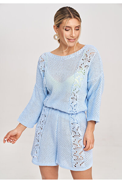 Figl Set de două piese pentru femei, bluză și pantaloni scurți, albastru M995, mărime universală