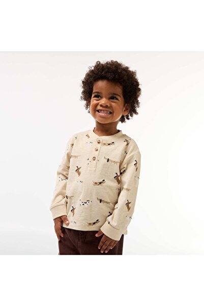 KİABİ Printed Button-Neck T-shirt BEIGE