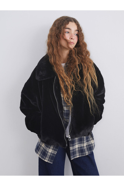 LC Waikiki Xside Black Hooded Oversized Women's Plush Coat