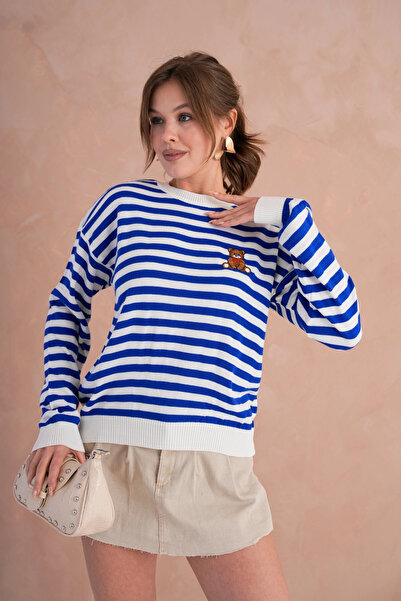 Park Karon Women's Crew Neck Embroidery Detail Striped Knitwear Sweater