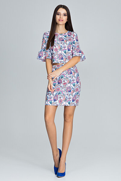 Figl Floral set - blouse with ruffles on sleeves - pencil skirt - white M593 size S