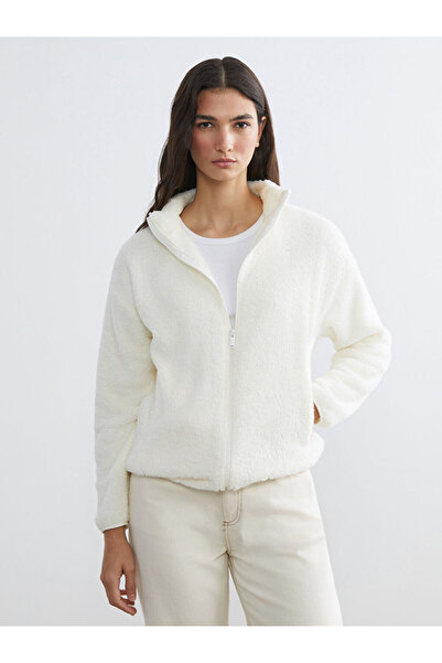 LC Waikiki Ecru Mock Neck Women's Fleece Cardigan