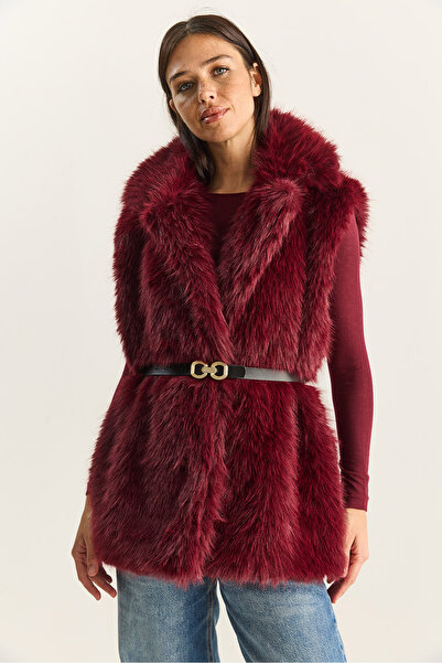 Bianco Lucci Women's Jacket Collar Lined Belted Fur Vest 11155 60281116