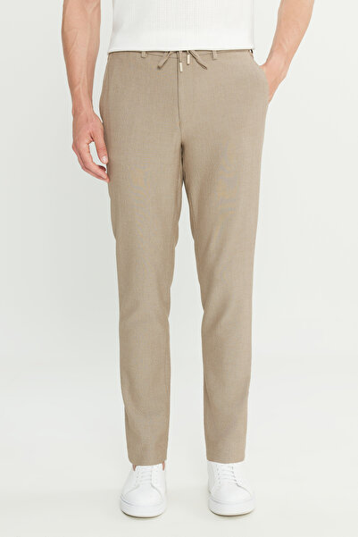 ALTINYILDIZ CLASSICS Ανδρικό παντελόνι ταξιδιού casual σε μπεζ χρώμα εφαρμοστό με στενή εφαρμογή με σχέδιο γκόφρε με δεμένη μέση και πλαϊνές τσέπες