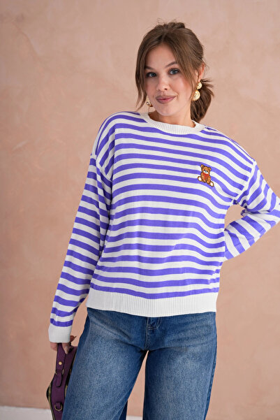 Park Karon Women's Crew Neck Embroidery Detail Striped Knitwear Sweater