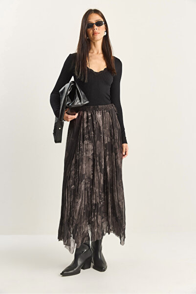 Bianco Lucci Women's Wrinkled Effect Patterned Elastic Waist Lined Chiffon Skirt De251115 60283851