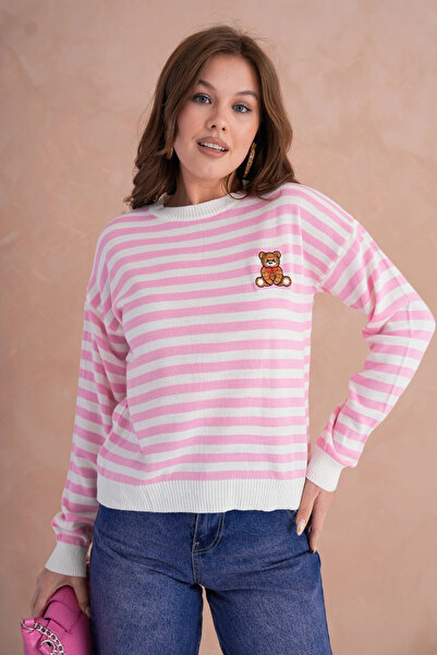 Park Karon سترة نسائية تريكو بياقة دائرية وتفاصيل مطرزة وخطوط