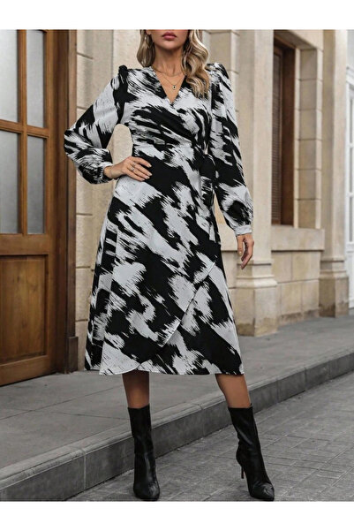 KentselBazaar فستان نسائي طويل الأكمام بياقة مزدوجة وربطة جانبية منقوشة من ال...