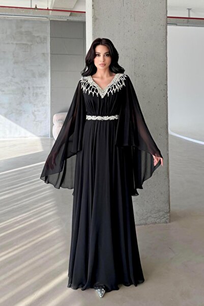 Serica Moda Rochie de seară din tul brodat cu piatră neagră