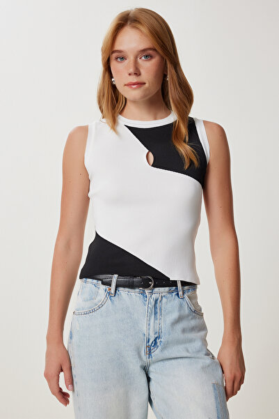 Lovelyİstanbul Contrast Color Stretchy Knit Blouse Lyy0102 White Black