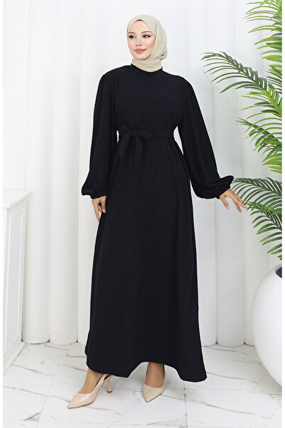 sefamerve Belted Dress with Elasticated Sleeves 2161-04 Navy Blue