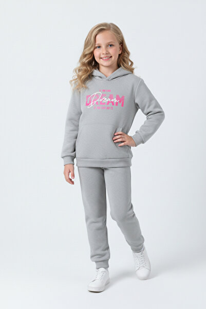 FYK KİDS Σετ αθλητικής φόρμας για κορίτσια με 3 νήματα K με κουκούλα Ş επένδυση fleece Bold Dream Print με λεπτομέρεια και τσέπη καγκουρό