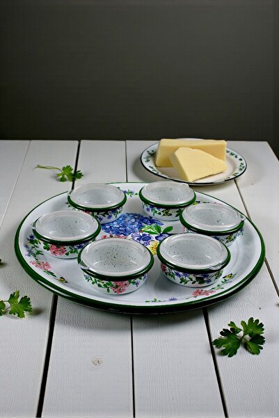 İnci Emaye 7 Piece Large Enamel Breakfast Set with Lid, Presentation Plate, Breakfast Plate, Jam Bowl, Dowry