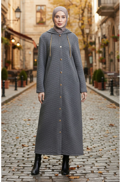 sefamerve με κουκούλα Καπιτονέ παλτό με λεπτομέρεια αλυσίδας 0216-01 Ανθρακίτη