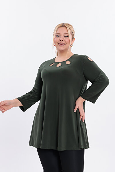 HELVEYS Modern & Stylish Cut Flexible Stretch Fabric Neckline Detail Long Sleeve Crew Neck Sandy Plus Size Blouse 5013