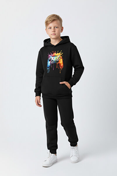 FYK KİDS 3 İplik K με κουκούλα Kangaroo Cepli Kalın Ş επένδυση fleece Θέμα παιχνιδιού B με τύπωμα Σετ αθλητικής φόρμας για αγόρια