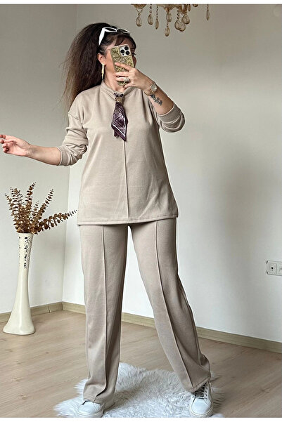 AZRA BUTİK Σετ με λεπτομέρεια σάλι με γιακά μπεζ