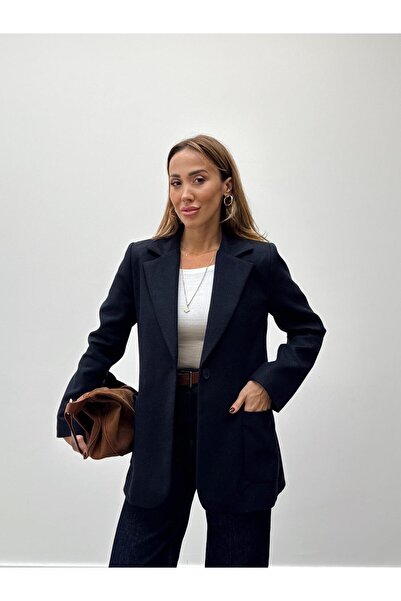 Maldia Shop Women's Elora Navy Blue Buttoned Wool Coat