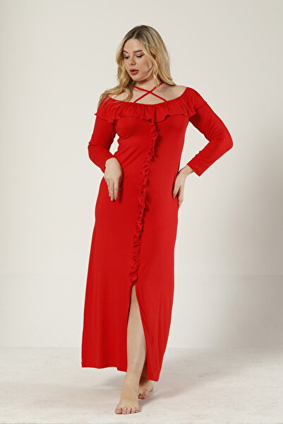 Miss Dünya Lissa Plus Size Long Sleeve Open Collar Ruffle Detail Women's Nightgown