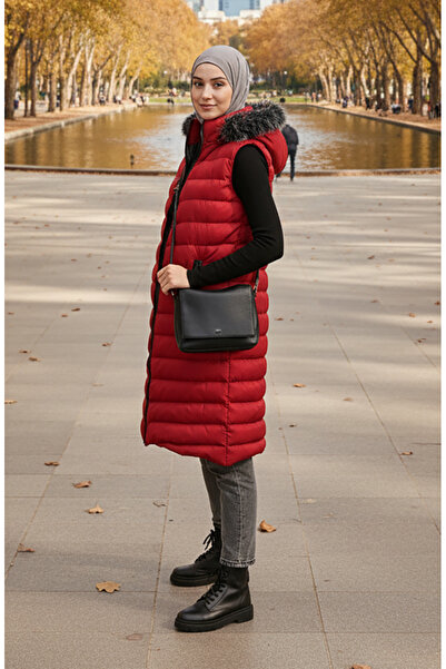 sefamerve Hooded Zippered Puffer Vest 70030-01 Claret Red