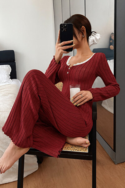 Biraltı Moda Long Sleeve Button and Lace Detailed Women's Pajama Set
