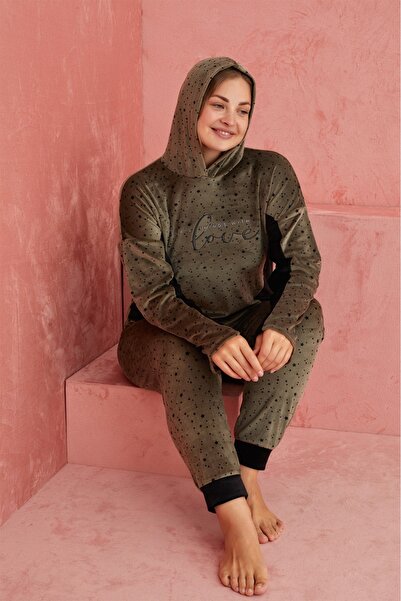 ELİTOL Set de acasă pentru femei cu glugă cu model Velvet Battal Love Star – ...