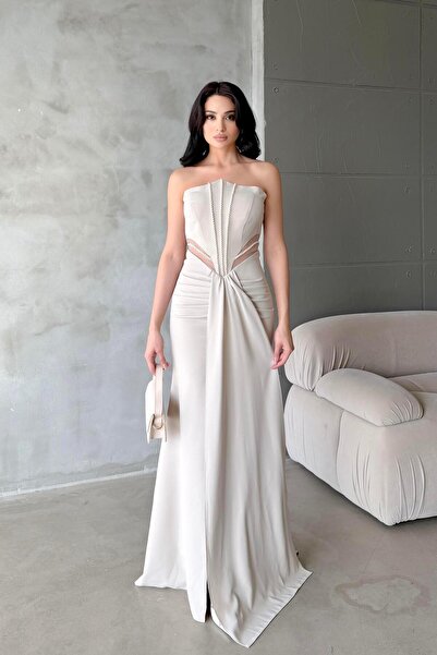 Serica Moda Stone Strapless Transparent Waist Detailed Stoned Slit Evening Dress