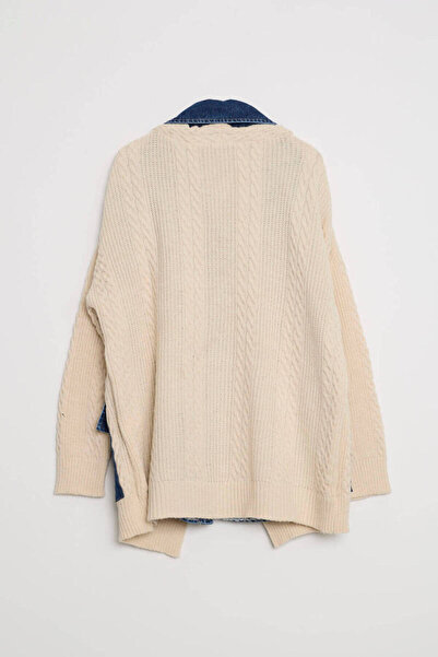 Robin Belt detailed denim Paneled knitwear cardigan